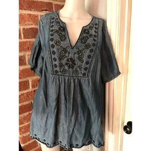 Vintage America Blues Embroidered Denim Top Boho Peasant Blouse XL Chambray